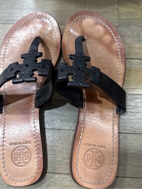 Tory Burch Black Logo Leather Thong Sandals with Tan Footbed